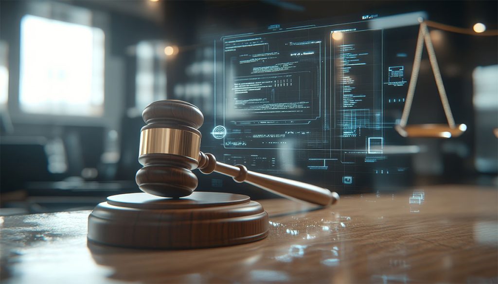 Wooden gavel and computer illustrate ai driven legal services on modern office desk setup