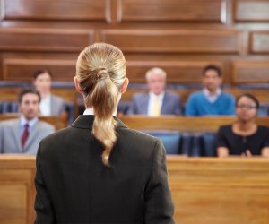 Lawyer pleading case to jury in court