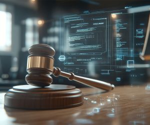 Wooden gavel and computer illustrate ai driven legal services on modern office desk setup